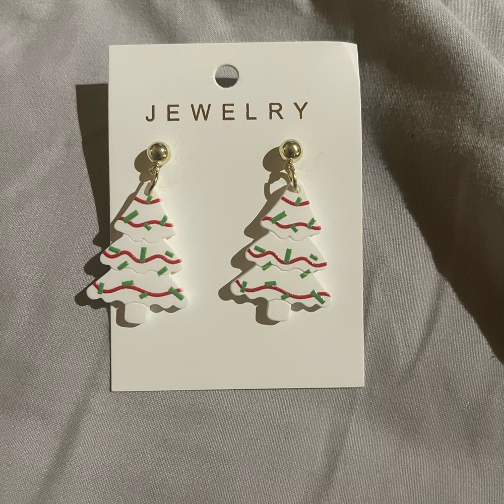 Festive Christmas Tree Earrings Snack Cake Gold Posts